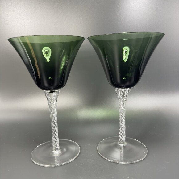 Vintage Air Twist Stemware Cups Glasses Emerald Green With Clear Stem Set 2 VTG - Picture 1 of 13